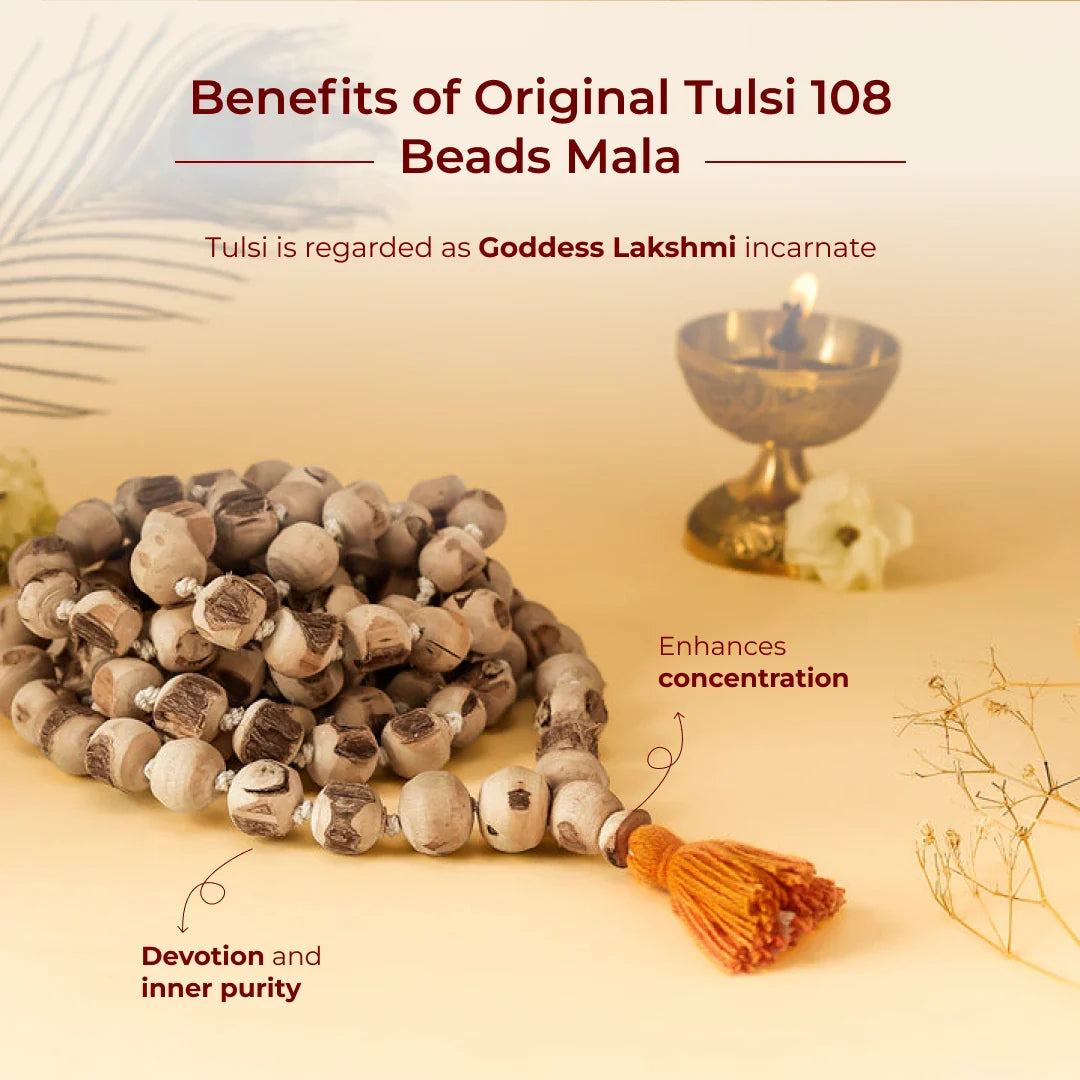 Original Tulsi 108 Beads Mala — Hand-Knotted Japa Mala with Saffron Tassel