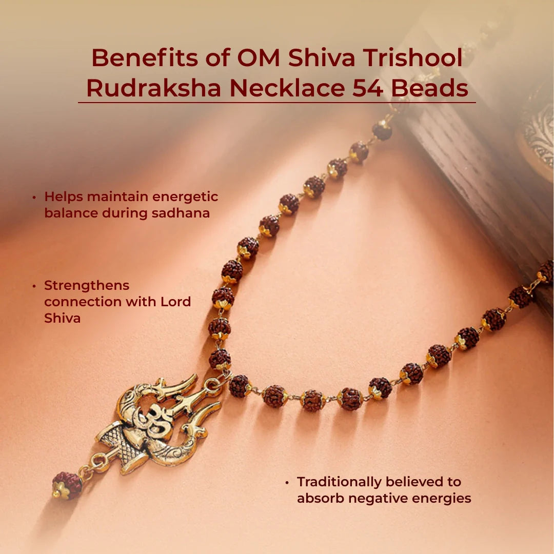 OM Shiva Trishool Rudraksha Necklace with Gold Plated Pendant — 54 Natural Beads