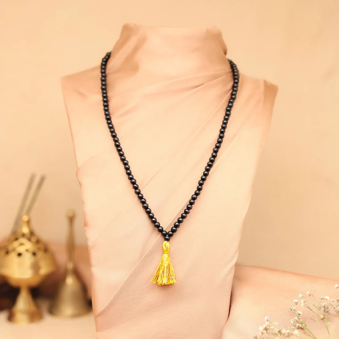 Original Karungali Malai — 108 Beads Natural Ebony Wood Mala with Gold Tassel