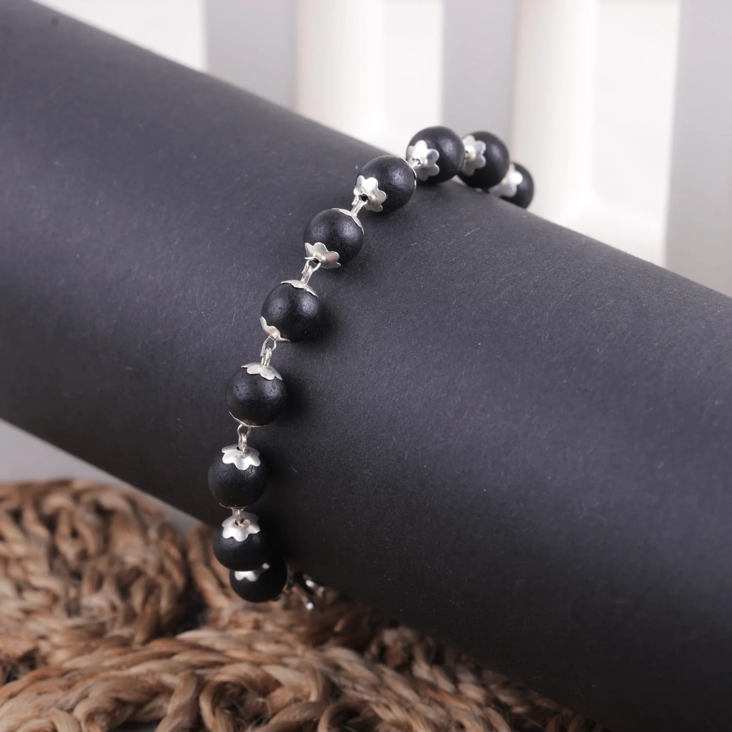 Handcrafted Karungli (Ebony Wood) Bracelet with Silver Caps | Spiritual Protection Bracelet