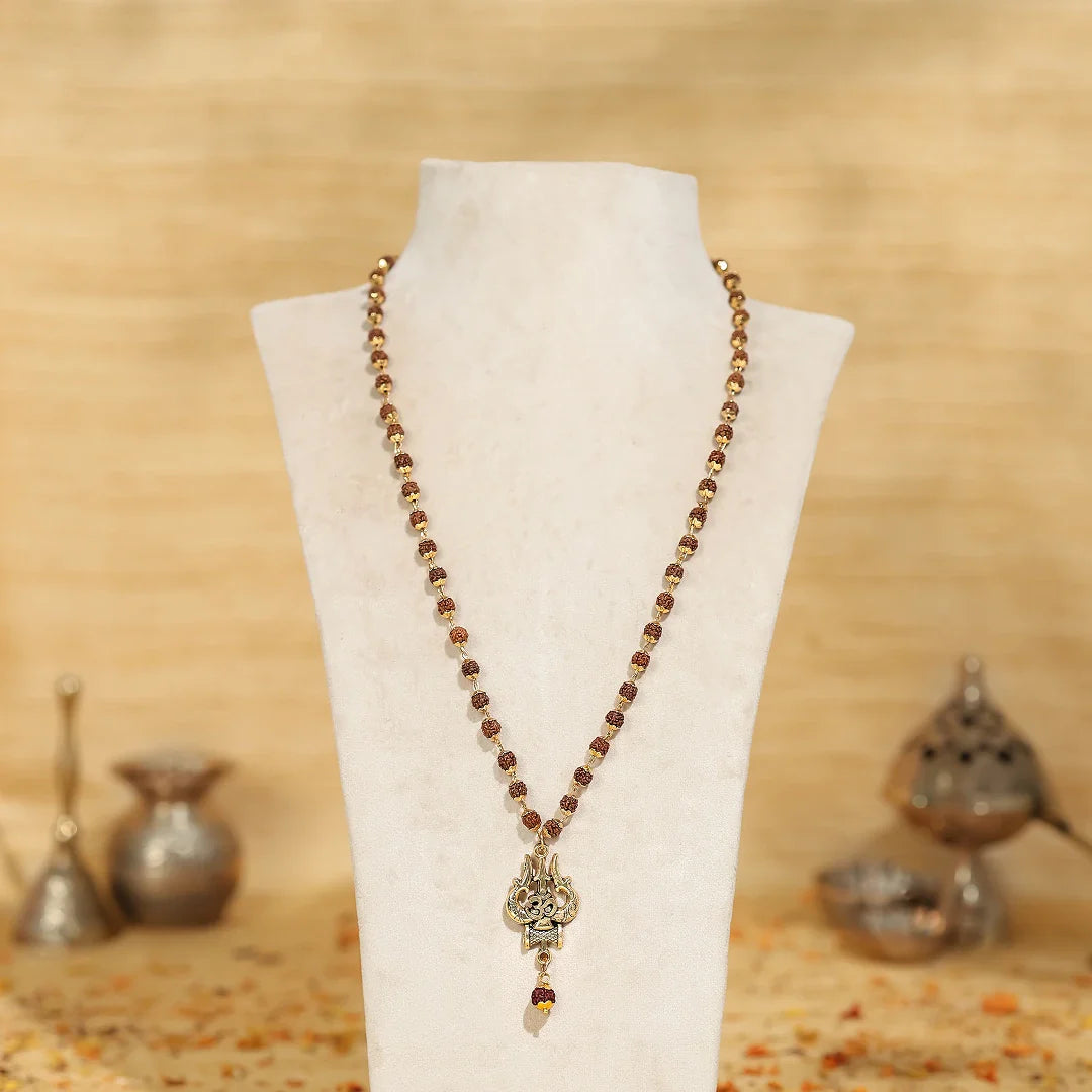 OM Shiva Trishool Rudraksha Necklace with Gold Plated Pendant — 54 Natural Beads