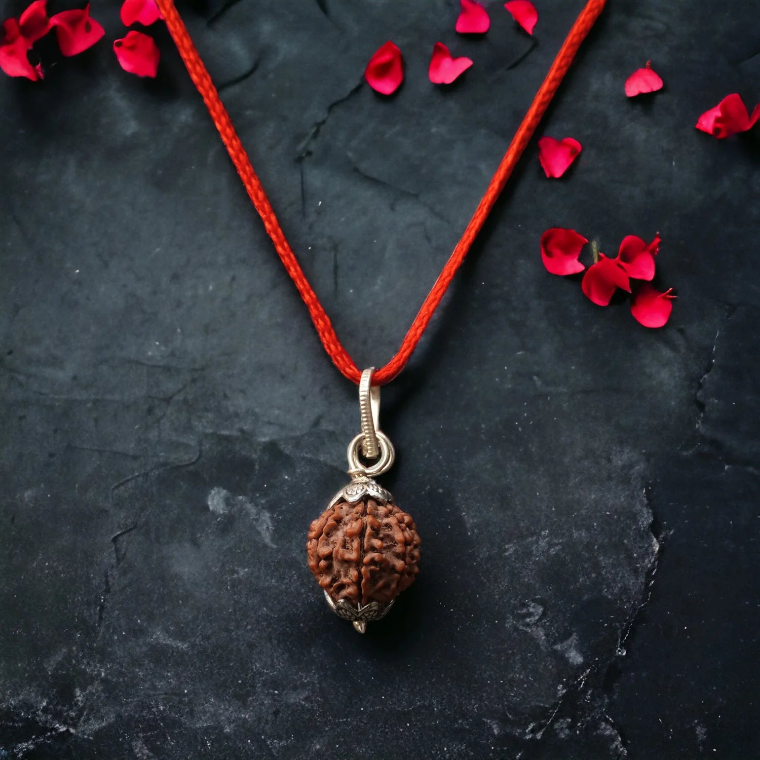Original 7 Mukhi Rudraksha Pendant — Natural Bead with Silver Cap & Sacred Red Thread