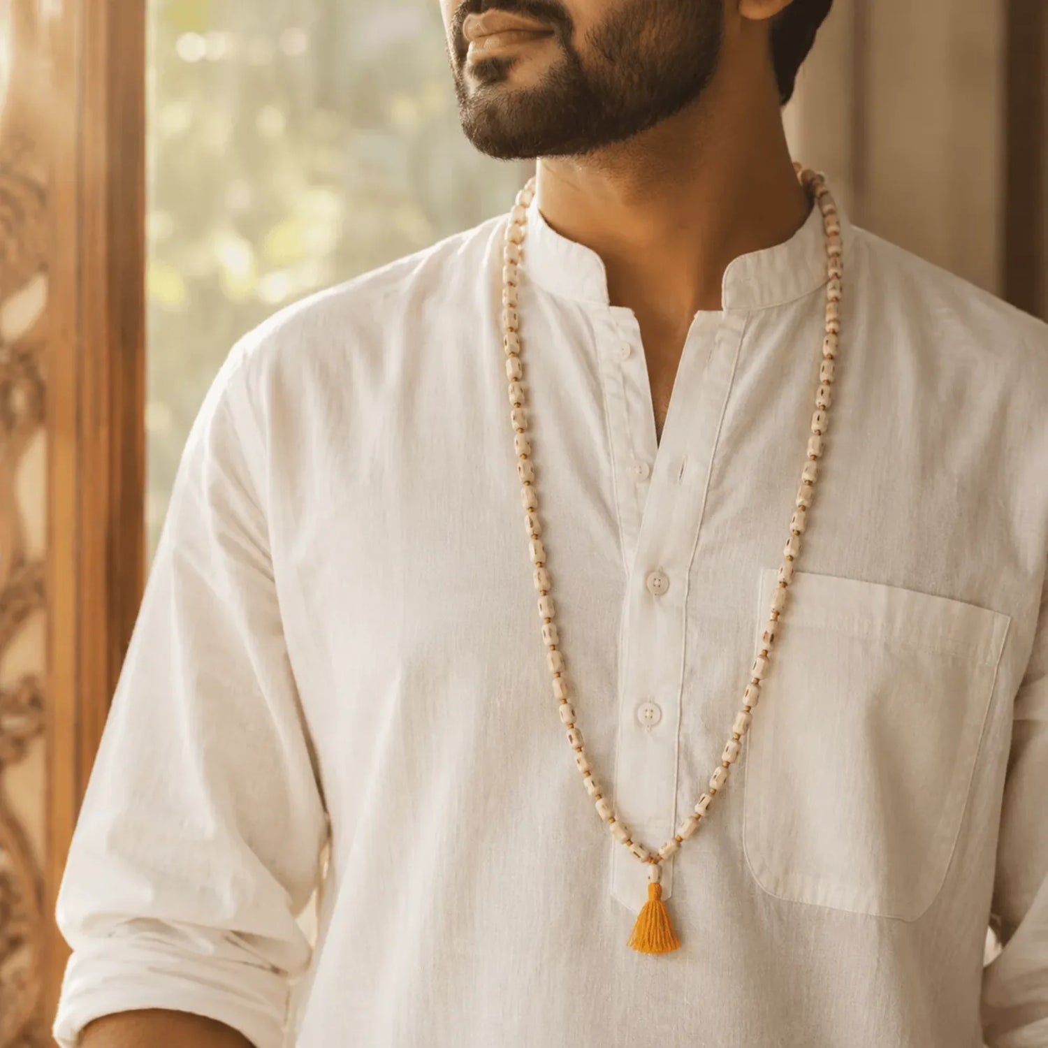 Original Tulsi 108 Beads Mala — Hand-Knotted Japa Mala with Saffron Tassel