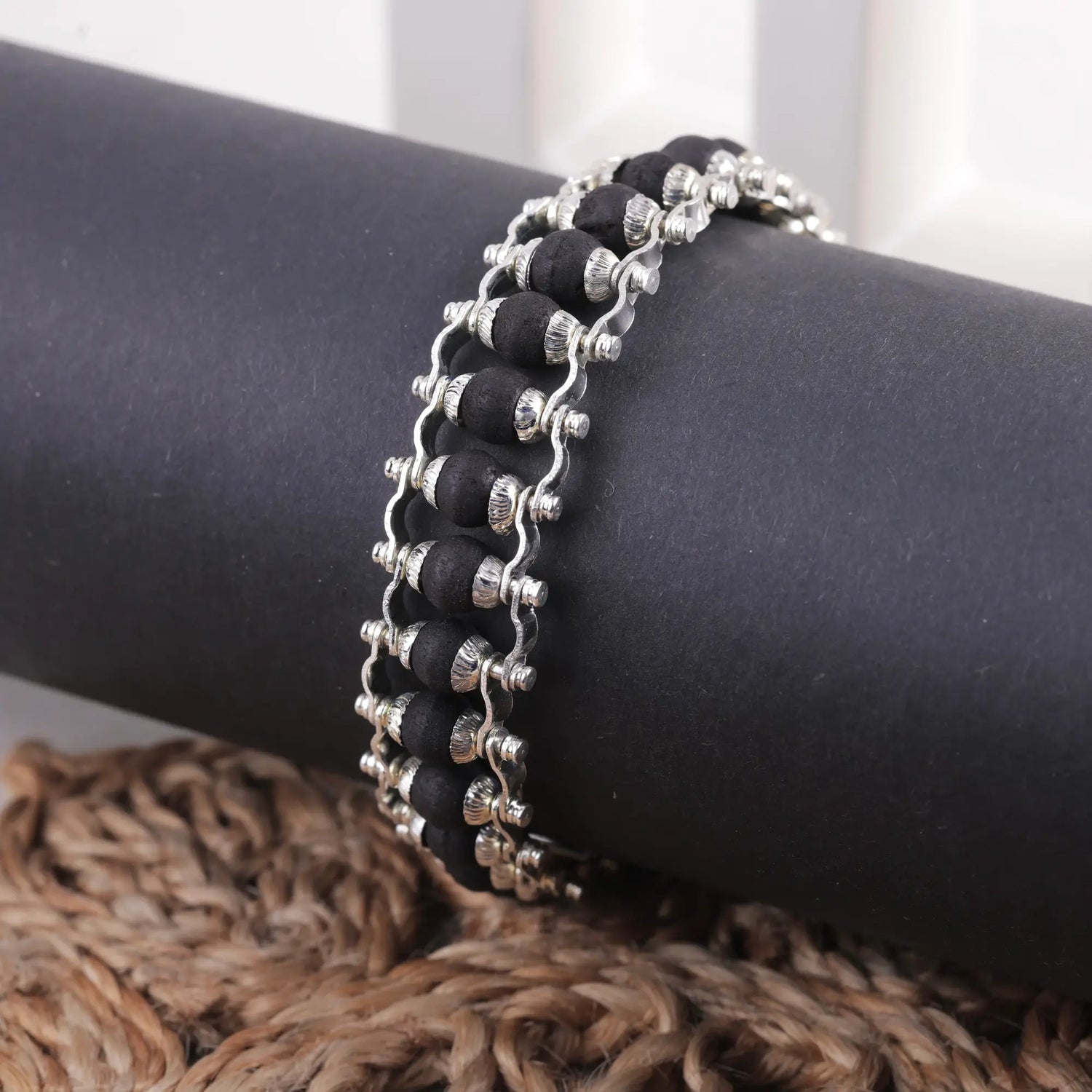 Silver-Plated Karungali Chain Bracelet — Natural Ebony Wood with Box Lock Clasp