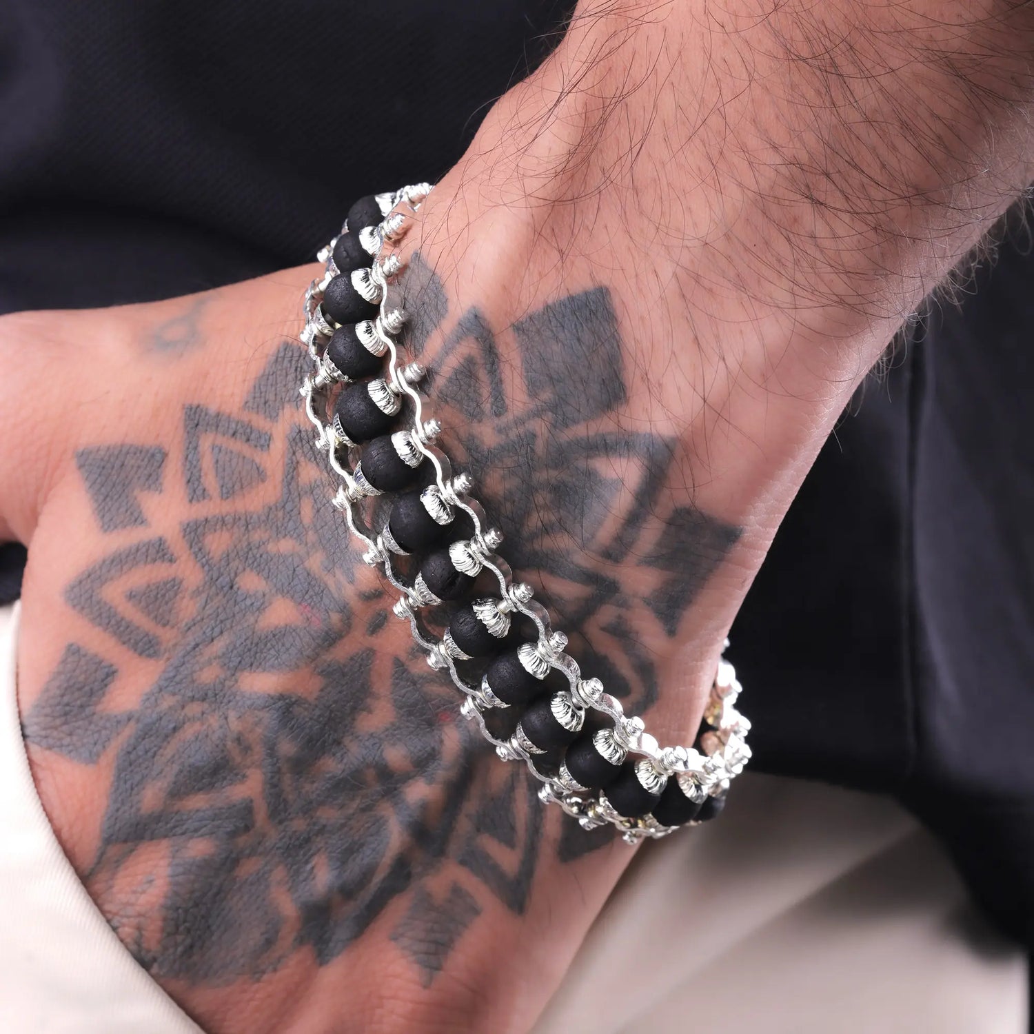 Silver-Plated Karungali Chain Bracelet — Natural Ebony Wood with Box Lock Clasp